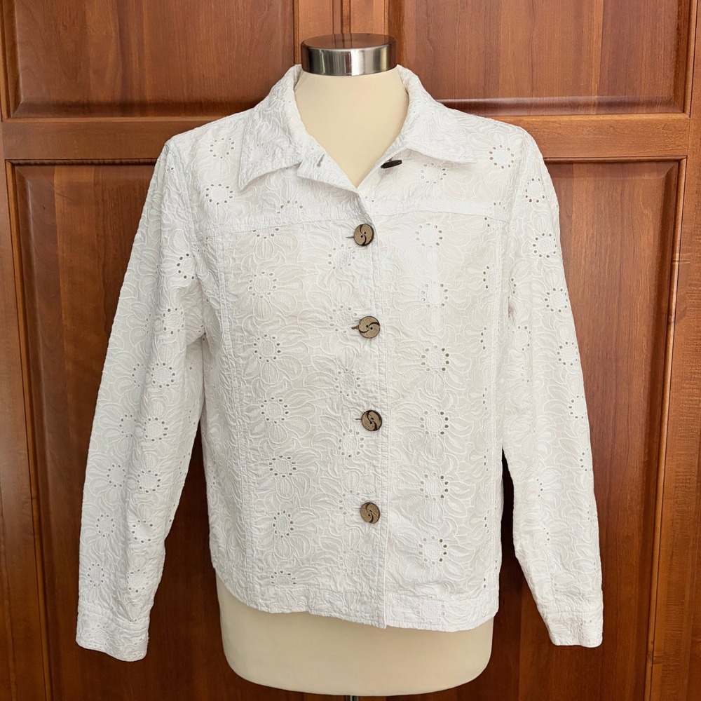 Coldwater Creek White Floral Eyelet Button Up Cotton Jacket Womens Medium